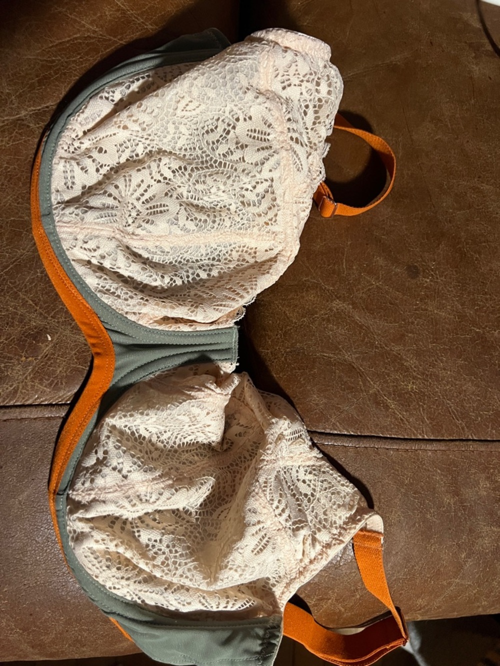 Lace Overlay Underwire Bra in Cream and Olive with Orange Trim 30H Bravissimo